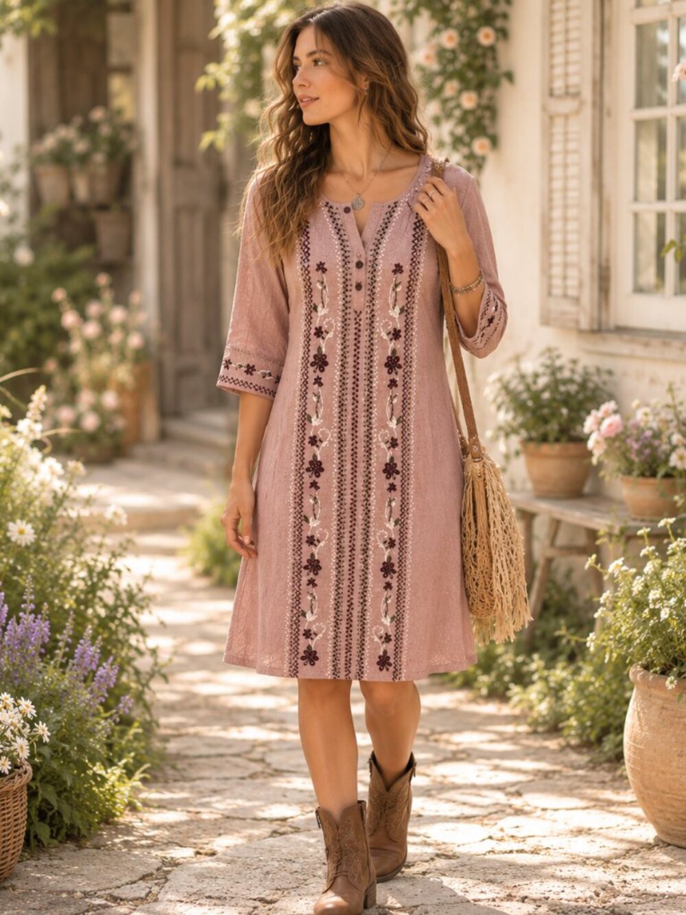 Hidden Alley Linen Shift Dress M Blush Pink Embroidered Pockets Boho Cottagecore